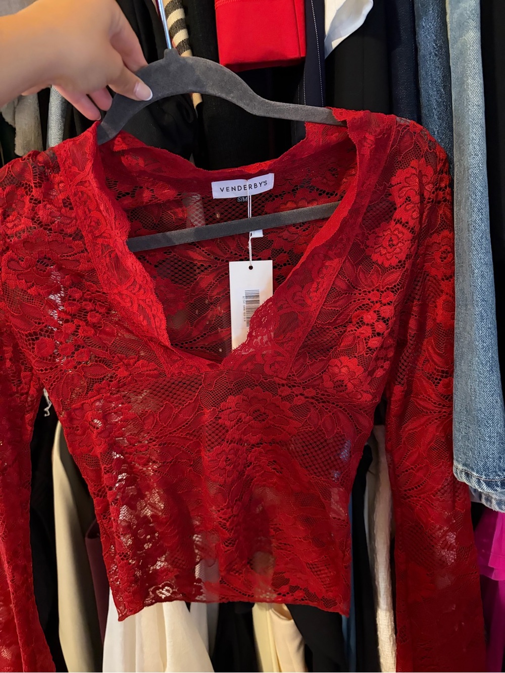 Venderbys Red Lace V-Neck Long Sleeve Top